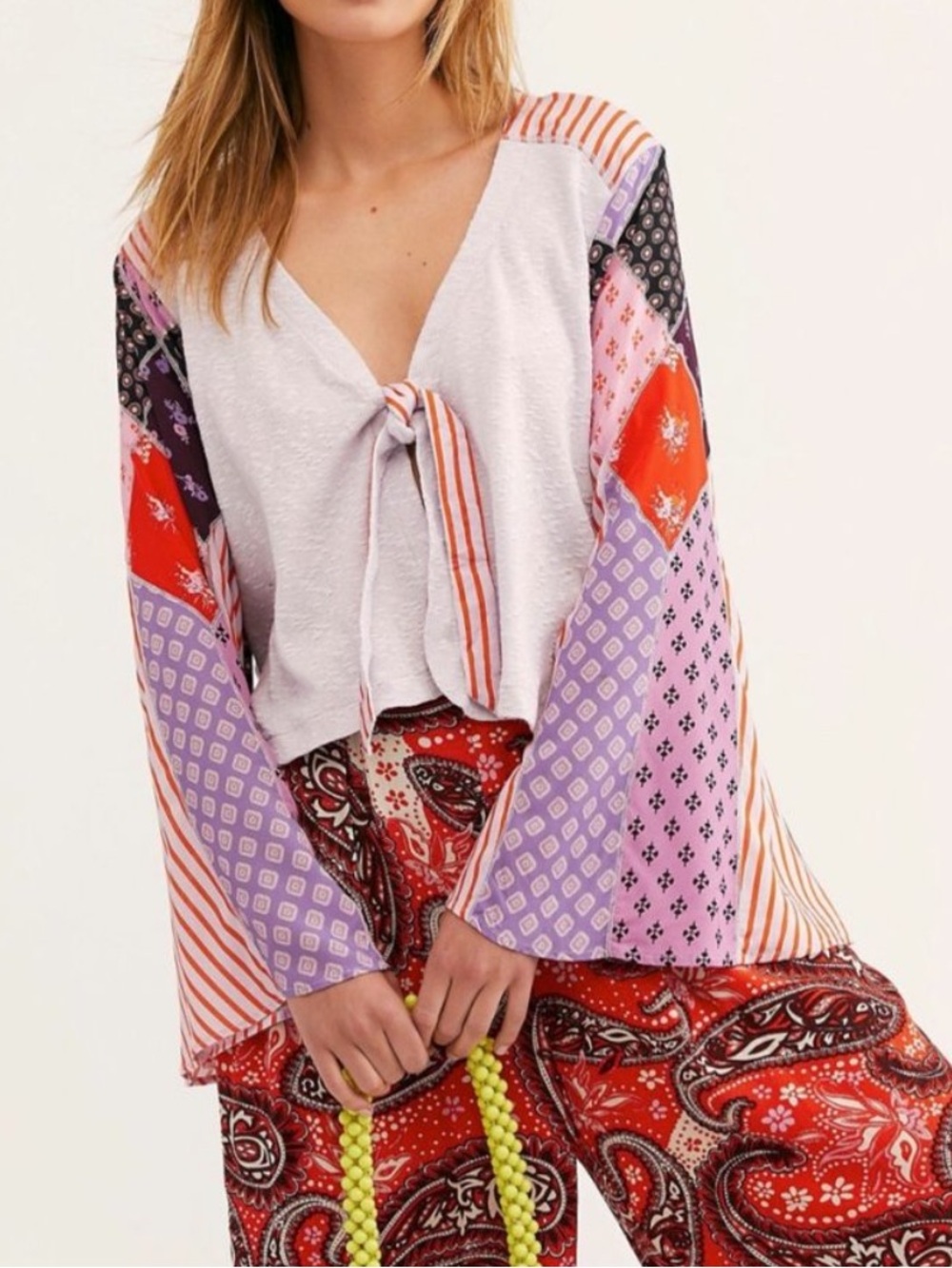 Free People Pajama Party Patchwork Bell Sleeve Tie Front Crop Top XS